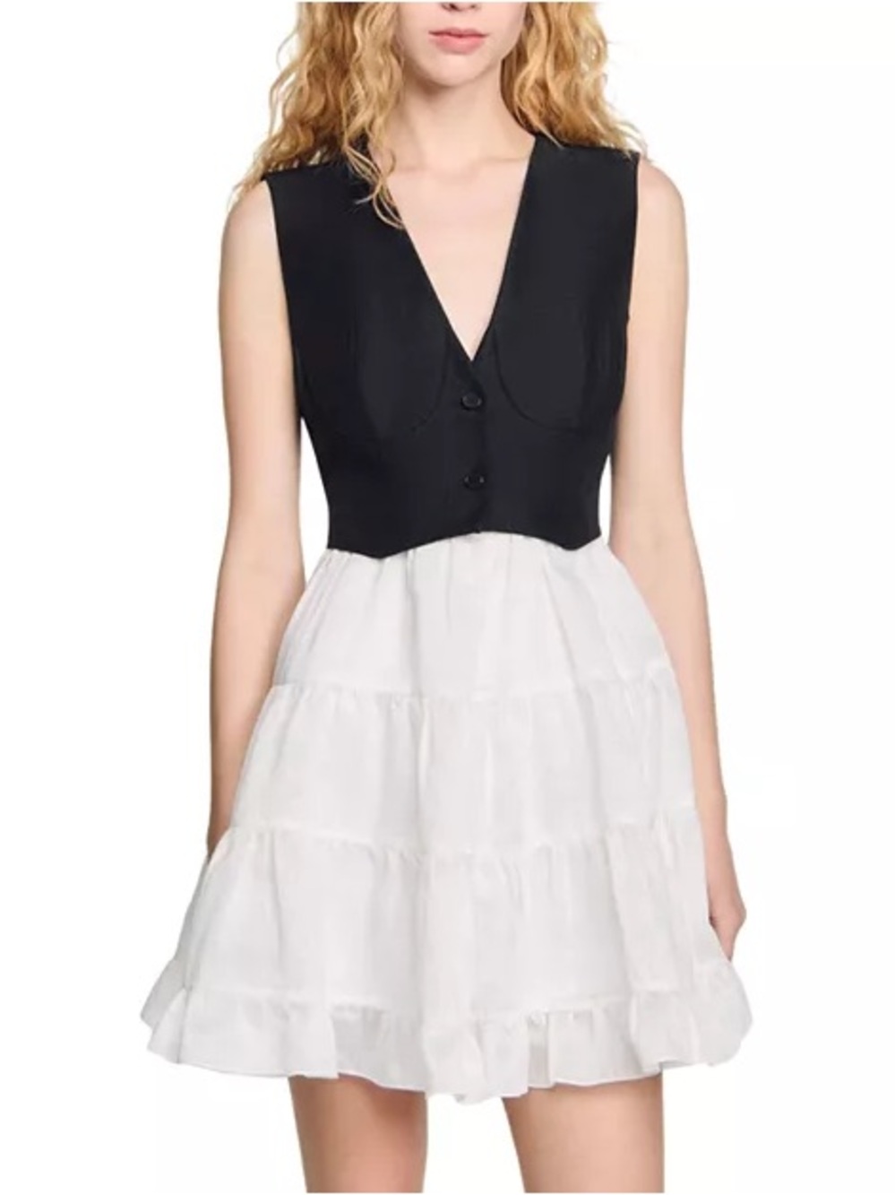 Sandro Sleeveless Black & White V-Neck Tiered Mini Dress